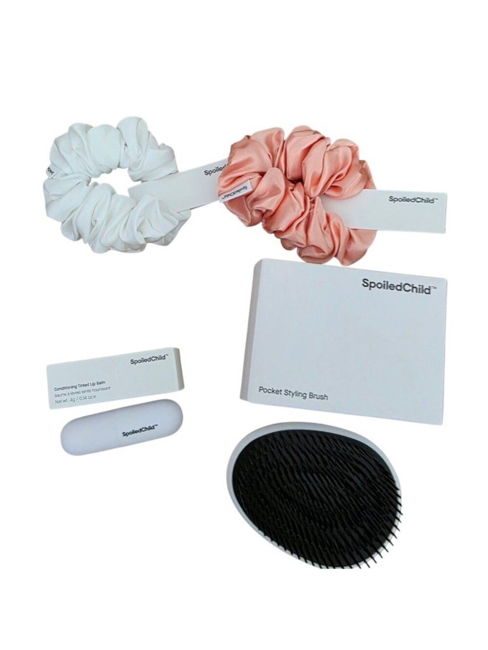 Spoiled Child Lip Balm Plum Scrunchie White Peach Pocket Styling Brush